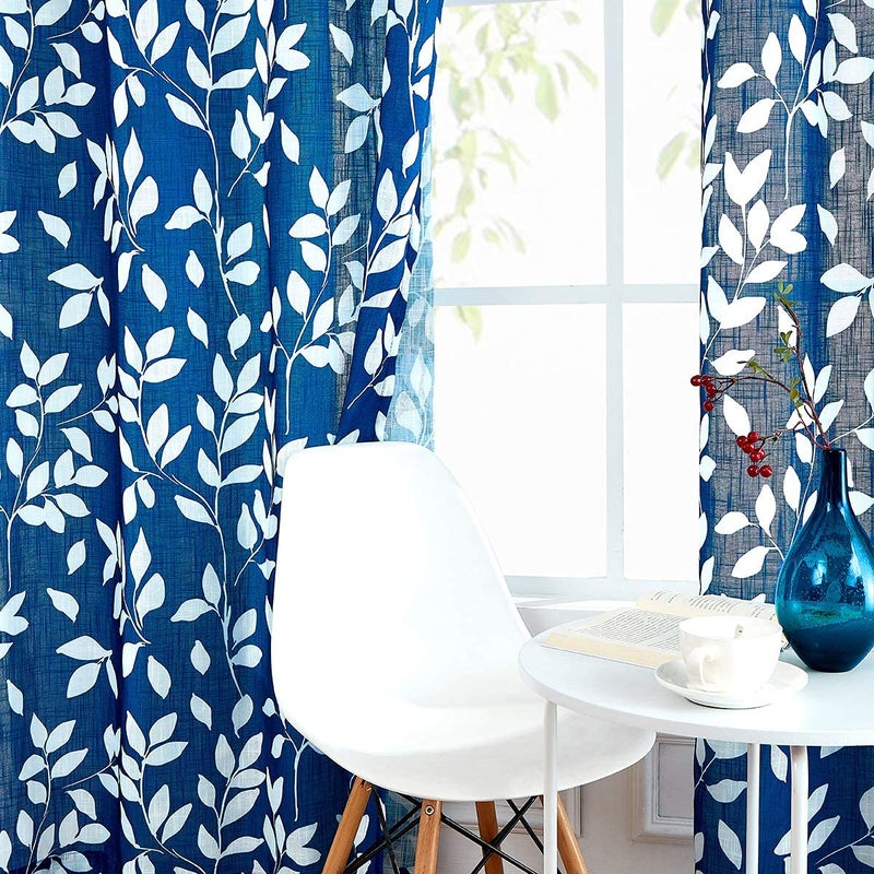 Treatmentex Navy and White Curtains for Bedroom 63" Length Leaf Print Curtains for Windows Semi-Sheers, Royal Blue Grommet Top, 2 Pack - Image 3
